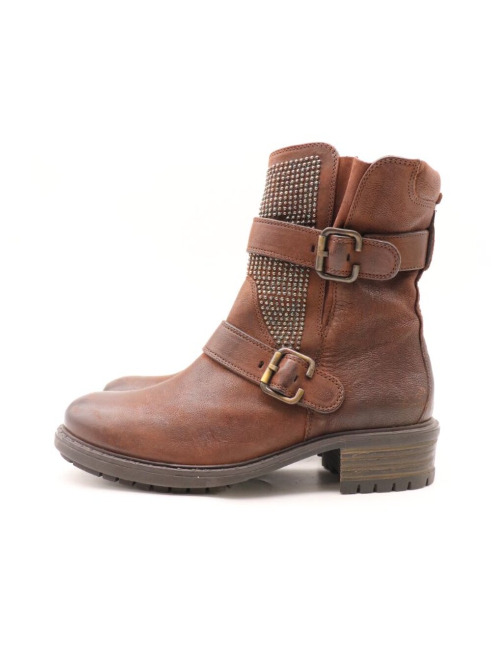 Paul Green Women's UK 4.5 US 7 Brown Leather Studded Moto Boots Buckle Shoes - Picture 4 of 12